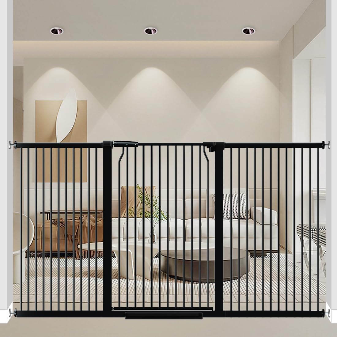 theyfirst 40.55" extra tall and wide baby gate, 71.3-74 in gates for dogs indoor with door, walk through long pet gate for large openings, pressure mounted child safety gate for house kid, black