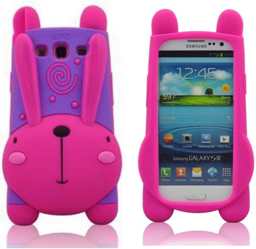 FJX 3D Lovely Rabbit With Morning Glory Horn Style Bracket Design Hybrid Soft Silicone Case Cover Compatible for Samsung Galaxy S3 I9300(Hot Pink/Purple)