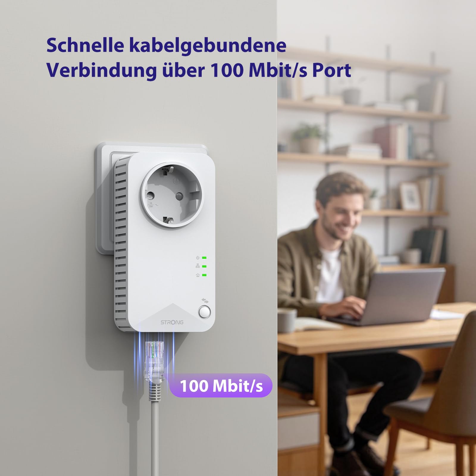 STRONG AV600 Powerline Adapter Setmit Steckdose, WLAN 300 Mbit/s, HomePlug AV2 Powerline Internet Verstärker, Plug & Play, EIN Knopf Sicherheit, 100 Mbit/s LAN Ports (POWERLWF600DUOEUV2)