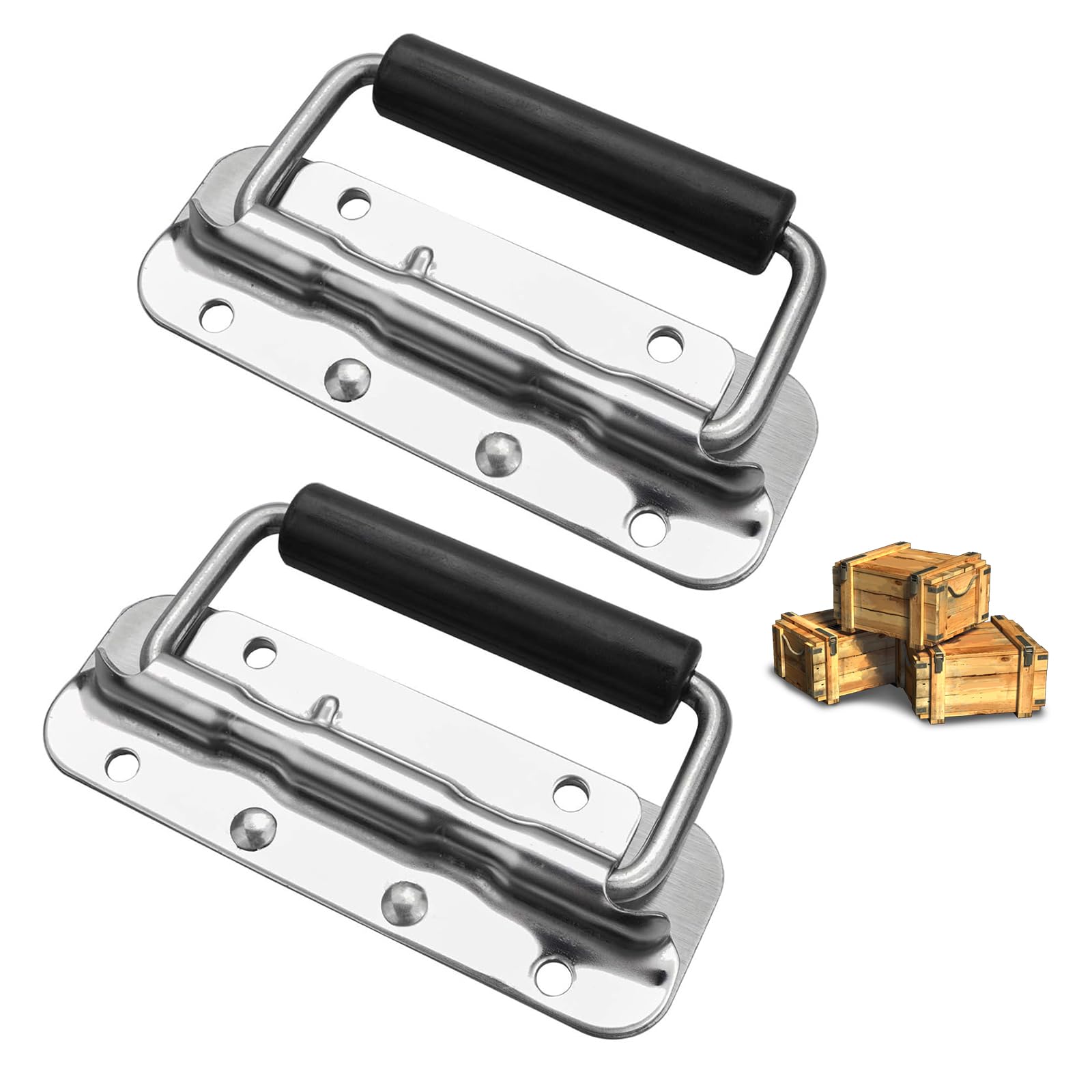 TRACOMPAN Box Handles 2Pcs Stainless Steel Heavy Duty Box/Drawer/Door Handles for Toolbox, Luggage, Storage Box Replacement Hardware | Spring Folding Chest Handle (122x41mm)