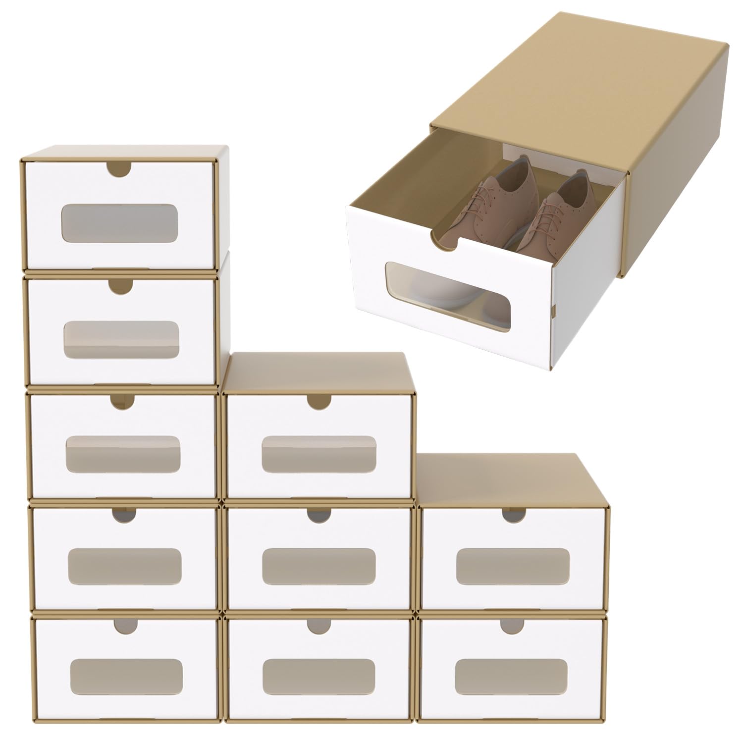 ACXIN Schuhboxen Stapelbar Boxen-Set,Aufbewahrungsbox Schubladen mit Transparentes Sichtfenster,Pappkarton aus Kraftpapier,34.5 x 23.5 x 13.5 cm,30 Stück, Braun