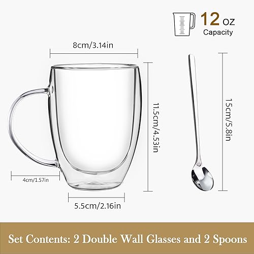Miniatura 4 de Tazas de café de vidrio de doble pared, tazas de café transparentes de 12 onzas con asa, tazas de café de vidrio aisladas, juego de 2, perfectas