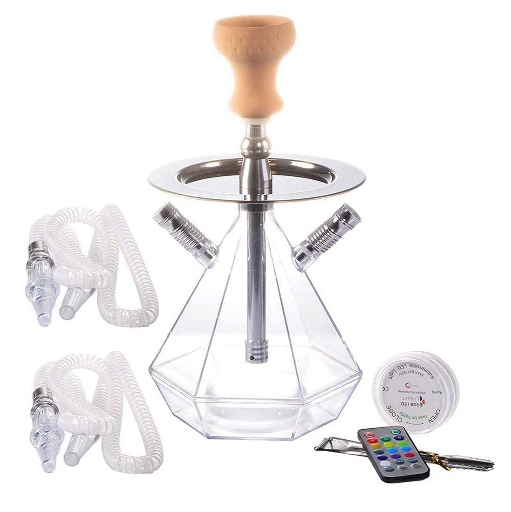 Narghilè Set Narghilè Grande Doppio Pipa, Set Narghilè Acrilico Trasparente Portatile, con Shisha LED Telecomando, 2 Tubi, per Case, Bar, Club, Feste, All'aperto, Hotel, Case