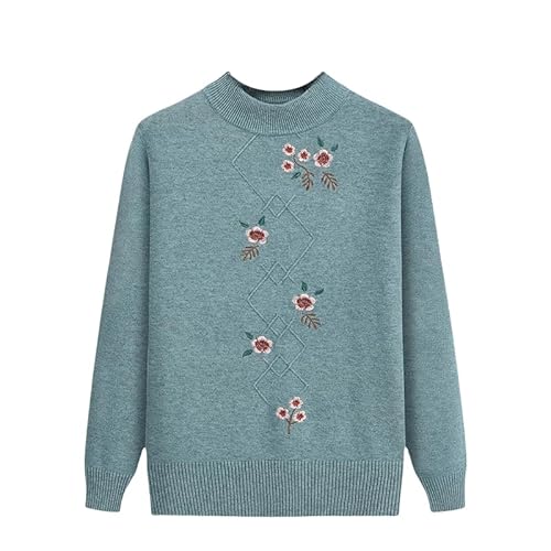 YONGHONGKEJI Jerséis De Mediana Edad Y Mayores Suéteres para Señoras Mayores Prendas De Punto Jersey Retro Elegante con Bordado Floral Tops Sudadera Suave Ropa De Abuela Azul L