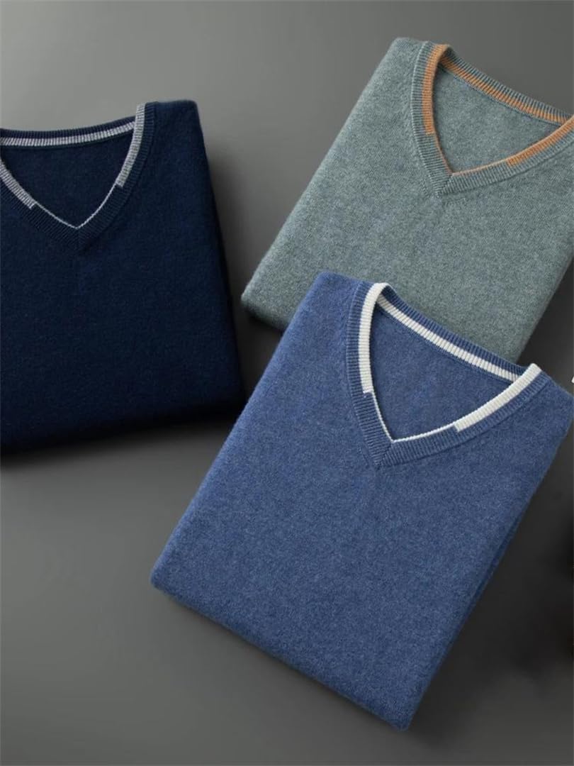 Suéter de manga larga para hombre, 100 % cachemira, cuello en V, para primavera, otoño, talla grande