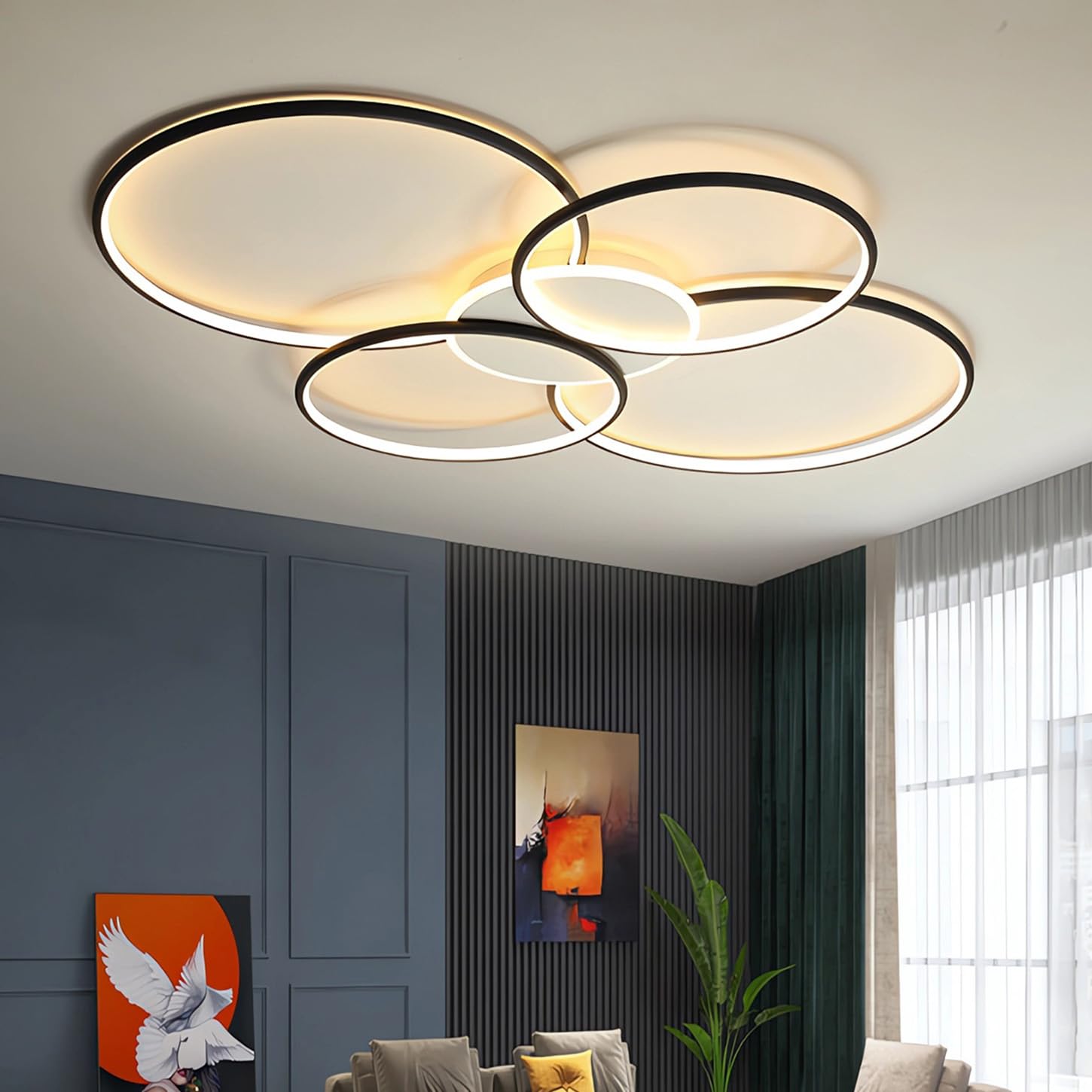Nowoczesna Lampa Sufitowa LED 4 Pierścieniami Lampa Sufitowa Salonu Regulacją Jasności Czarna Lampa Sufitowa Geometrycznym Kształcie Pilotem Aluminiowe Oświetleniewnę Sypialni Gabinetu (Czarny, 110CM)