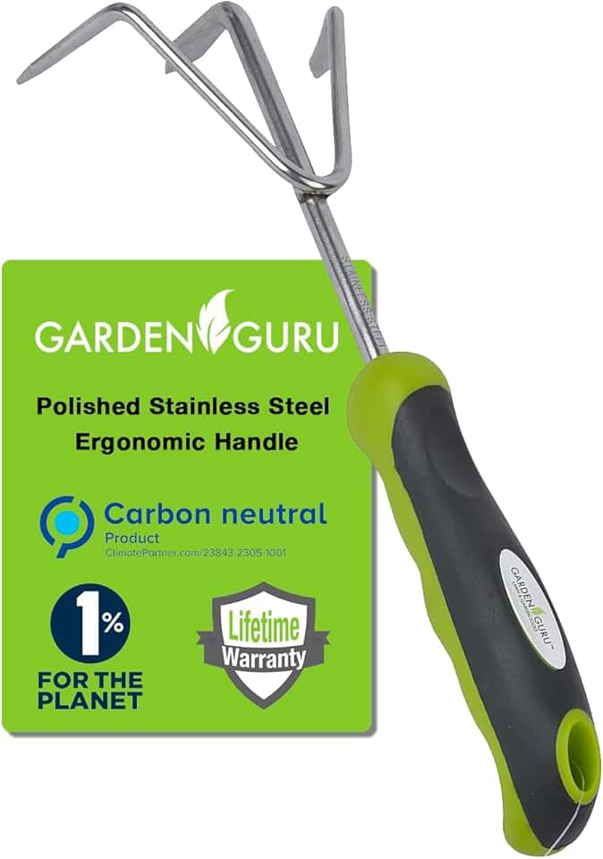 Garden Guru Hand Cultivator Rake Tiller Tool - Stainless Steel for Ultimate Strength - Rust Resistant - Ergonomic Handle - Great for Gardening Cultivating Loosening Weeding ClimatePartner certified