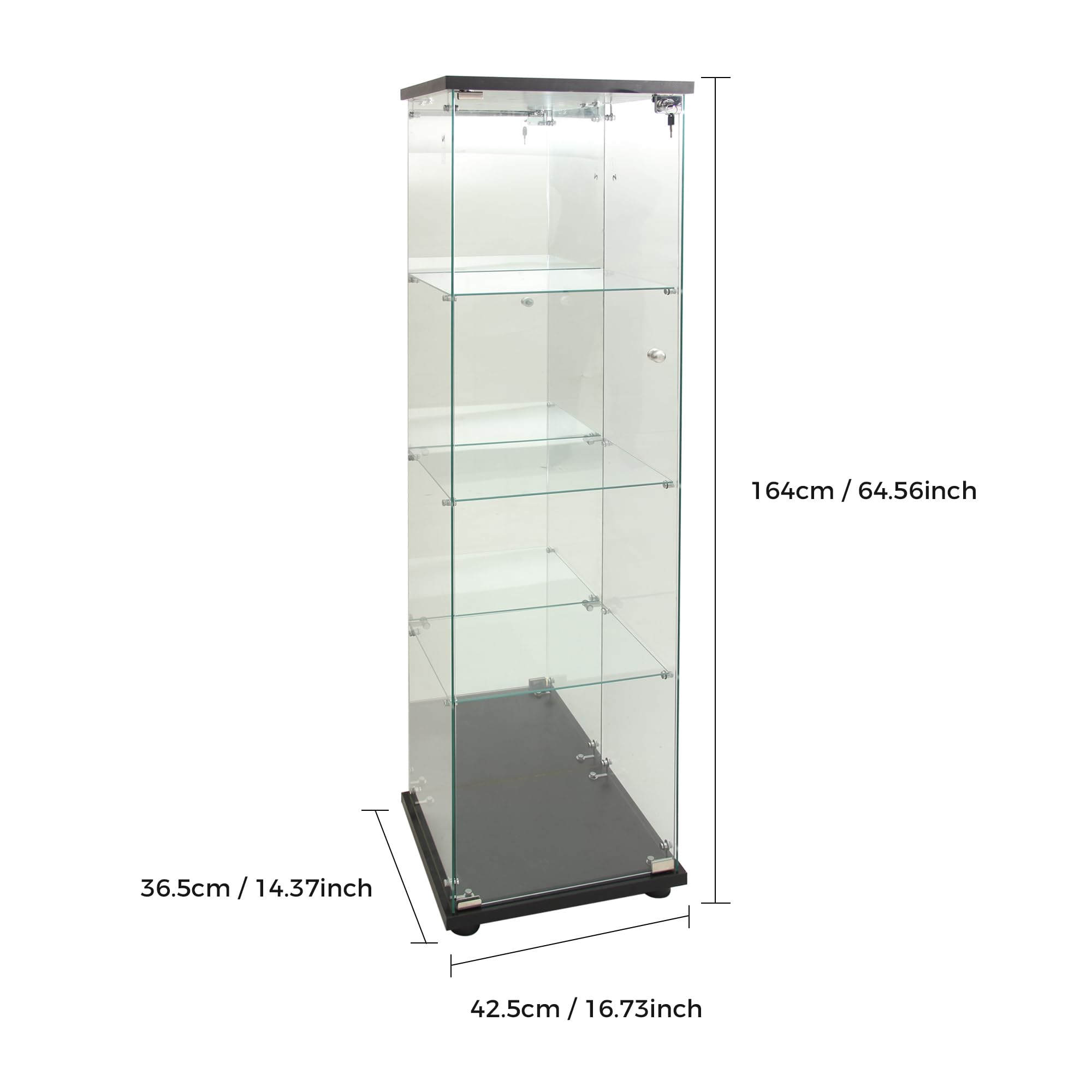 Vetrina Espositiva con LED,Vetrina in Vetro con Serratura,4 Ripiani,Vetro Specchio,Glass Display Cabinet,Vetrina Espositiva per Collezionismo,Per Camera da Letto,Soggiorno e Ufficio, Nero