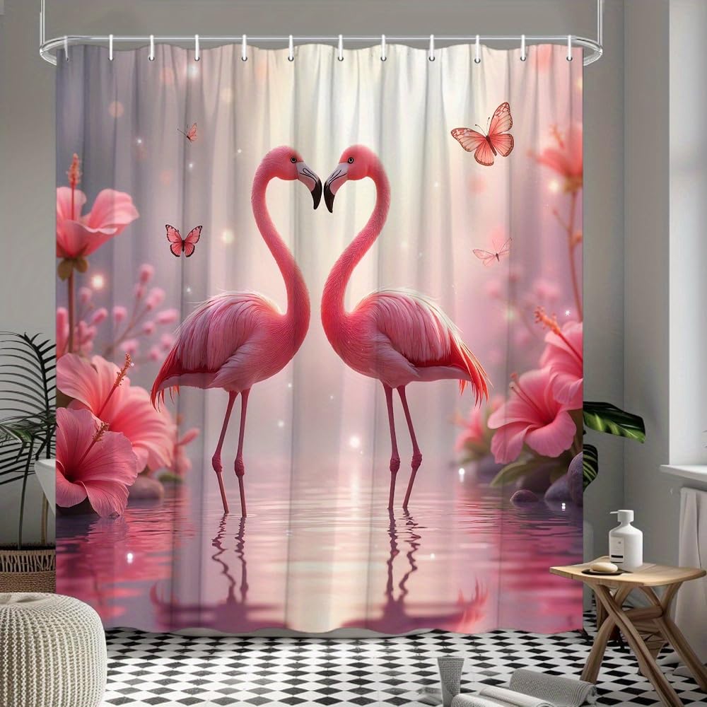 GLWDMB 1 Piece 120x180CM Flamingos and Hibiscus Flowers Printed Shower Curtain With Hook, Polyester, for Windows And Walls, Bathtub, Bathroom, Machine Washable, All Season Universal