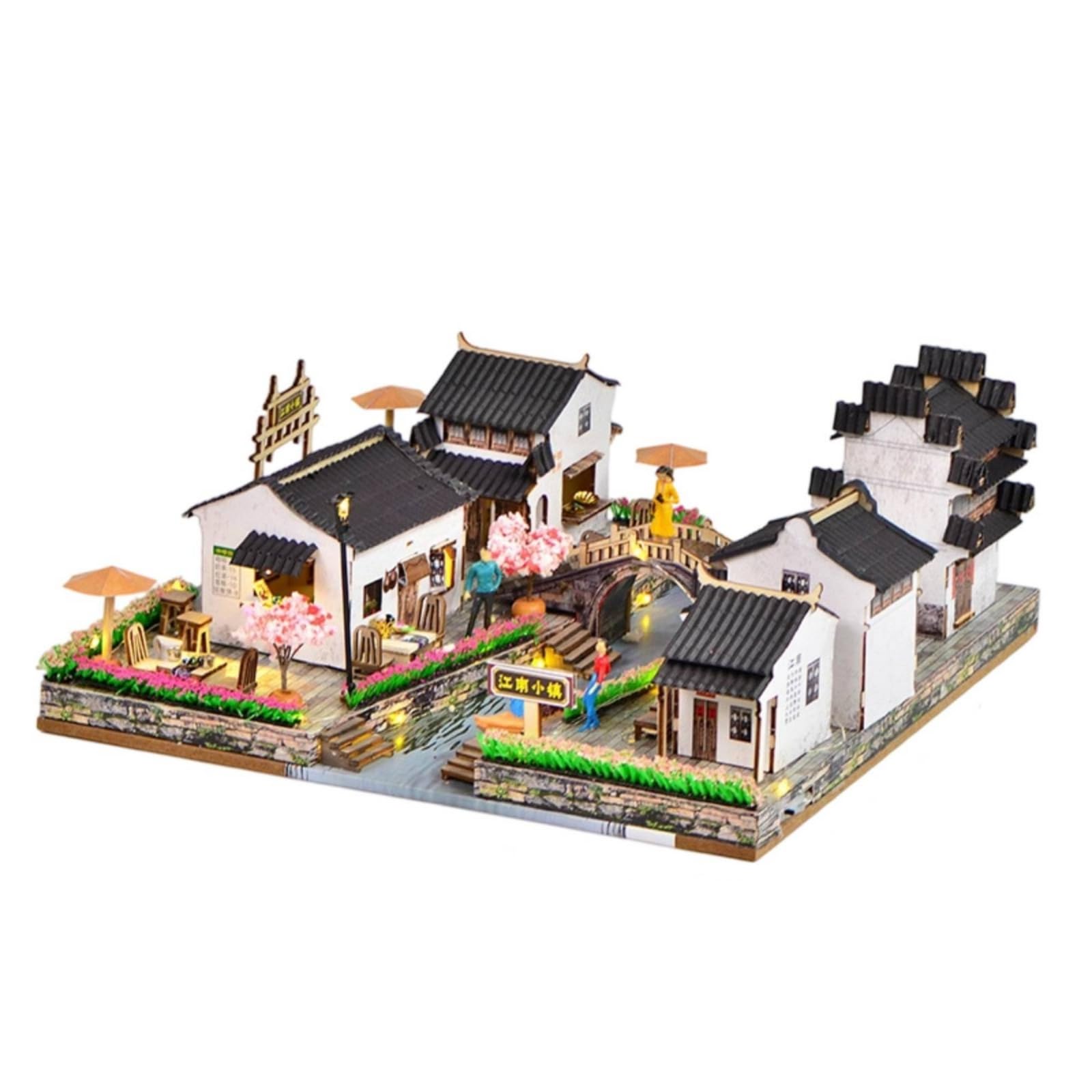 Architecture Assembly PRO Modello in in Miniatura Diorama Tradizionale con Ponte Ad Arco E Figura Decorativa Adatto per Collezione Decorazione Studio, 江南小镇2号BM382