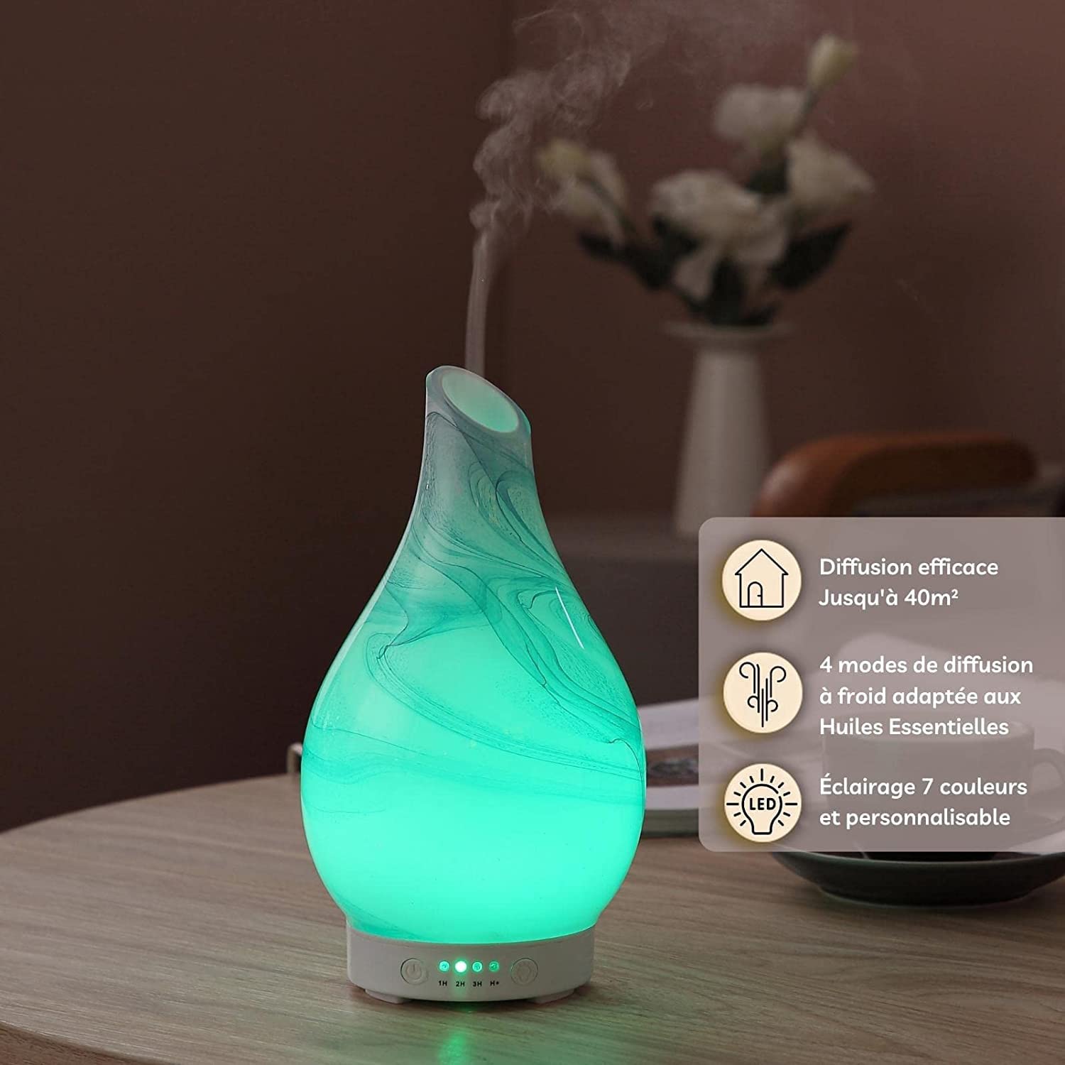 Zen'Aroma Dyfuzor olejku Jangcy - Ultradźwiękowy dyfuzor do aromaterapii na zimno, elektryczny dyfuzor nawilżacz, szkło z dekoracyjnym wzorem i konfigurowalnym oświetleniem LED