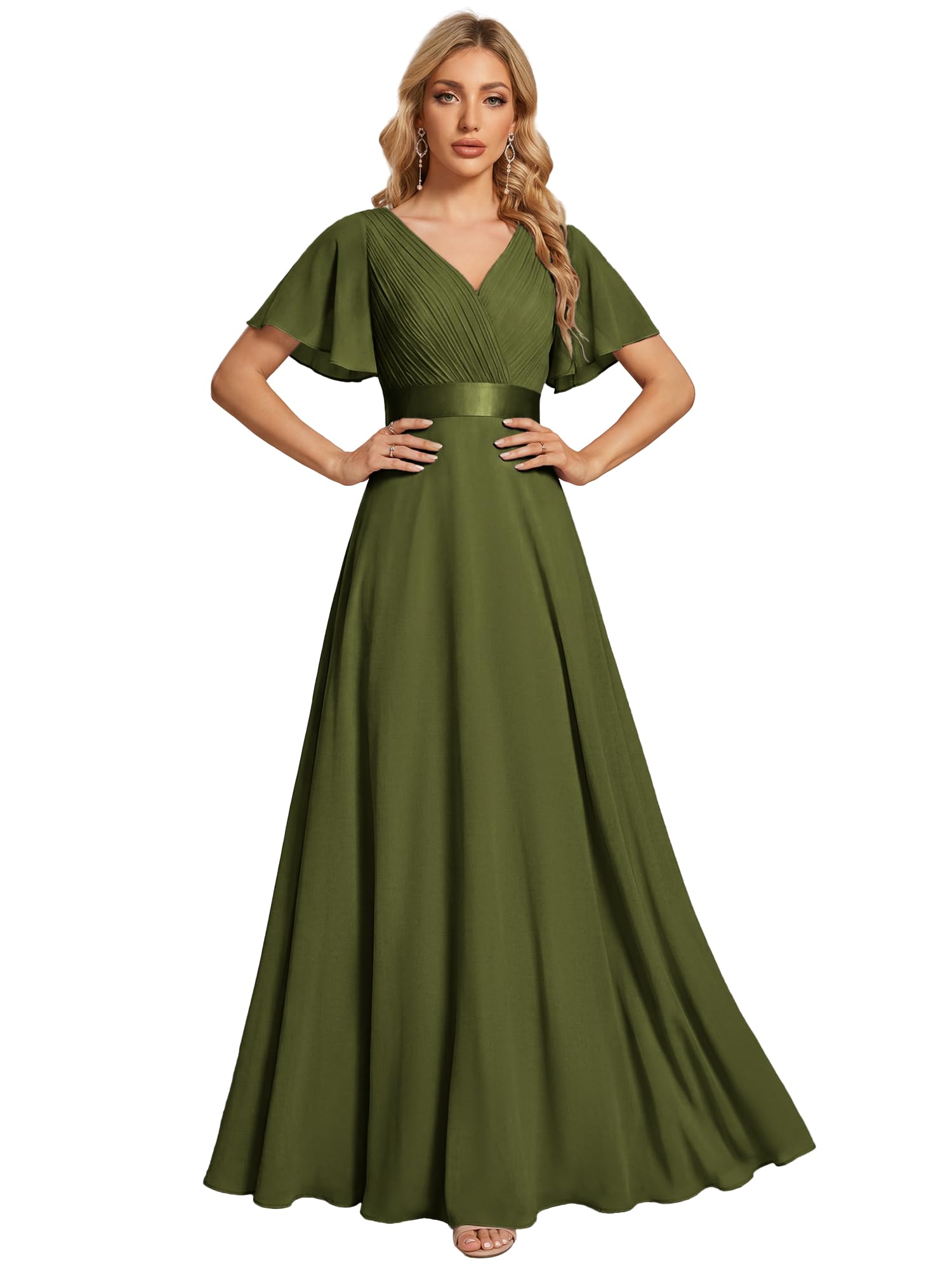 Ever-Pretty Robes de Demoiselle d'honneur Col en V Manches Courtes Mousseline Maxi Robe évasée ES09899