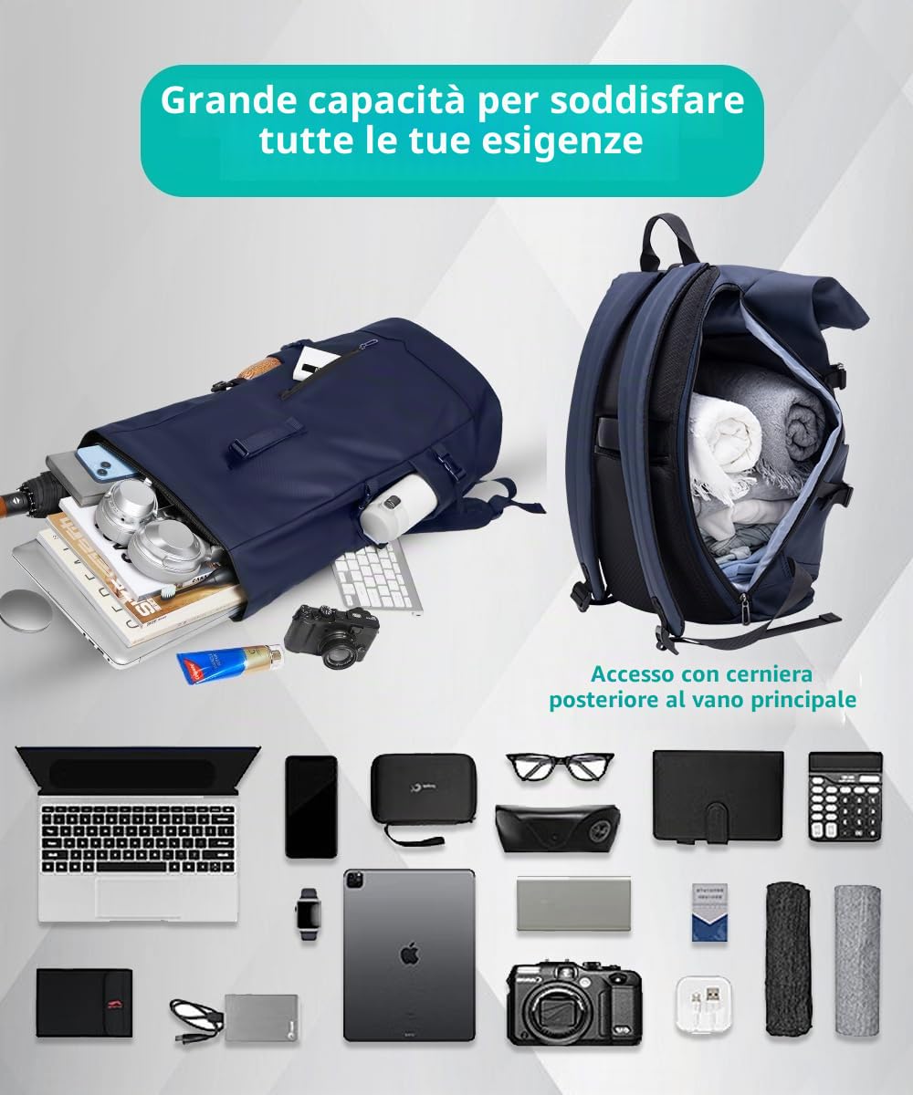 Zaino Rolltop da Viaggio 15.6 Pollici Porta PC Impermeabile Lavoro Uomo Università per Viaggio Escursionismo Campeggio Università-Blu