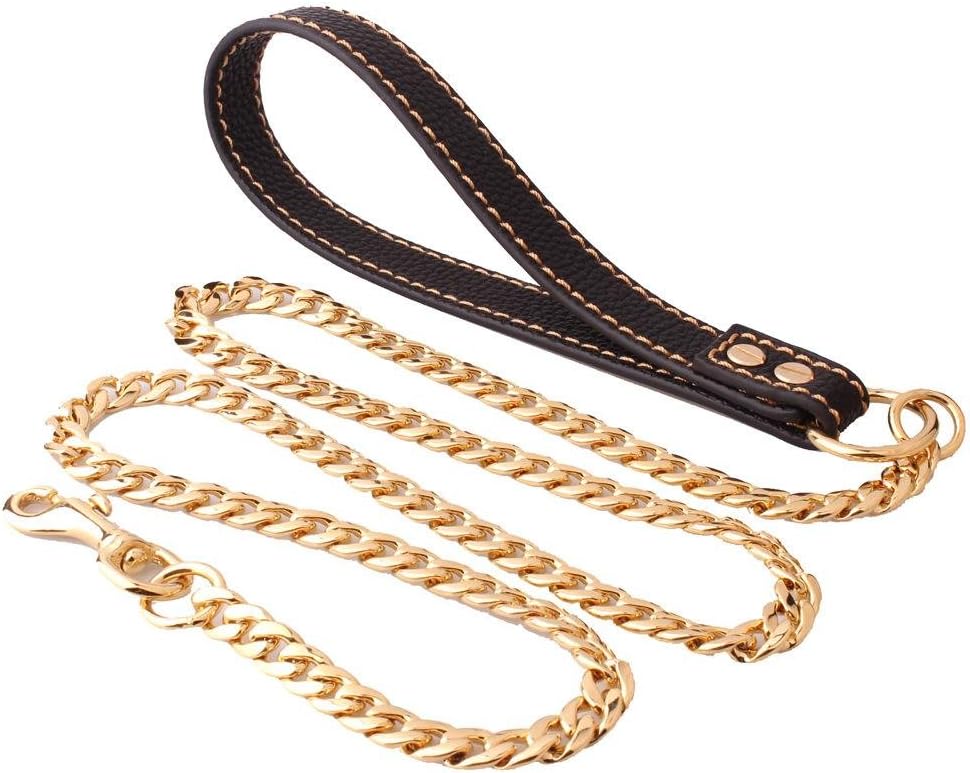 Heavy Duty Full Gold Stainless Steel Dog Choke Chain Collar Pet Training Leash Leather Handle Chrome
