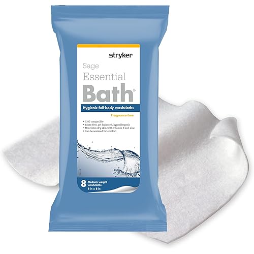 Stryker - Sage Essential Bath Cleansing Washcloths - 30 Packages, 240 Cloths - Fragrance Free, No-Rinse Bathing Wipes, Ultra-Soft and Medium Weight Cloth, Hypoallergenic