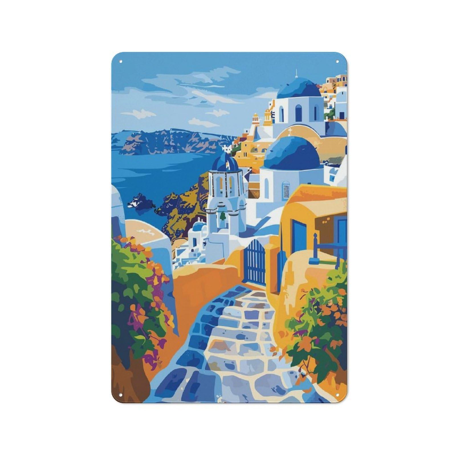Junmoney Greek Island Santorini Tin Sign With Design 30X20cm, Vintage Shed Wall Decor For Greenhouse, Garden Room, Cafe Or Entryway