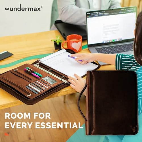 Wundermax Portfolio Binder - 13 X 10.7 X 1.9 Inch, Vegan Leather, 3-Ring Padfolio For Women And Men W/Handle, Zipper, Notepad, Detachable Binder And Pockets For Tablet, Resume And Documents - Brown #TOP7