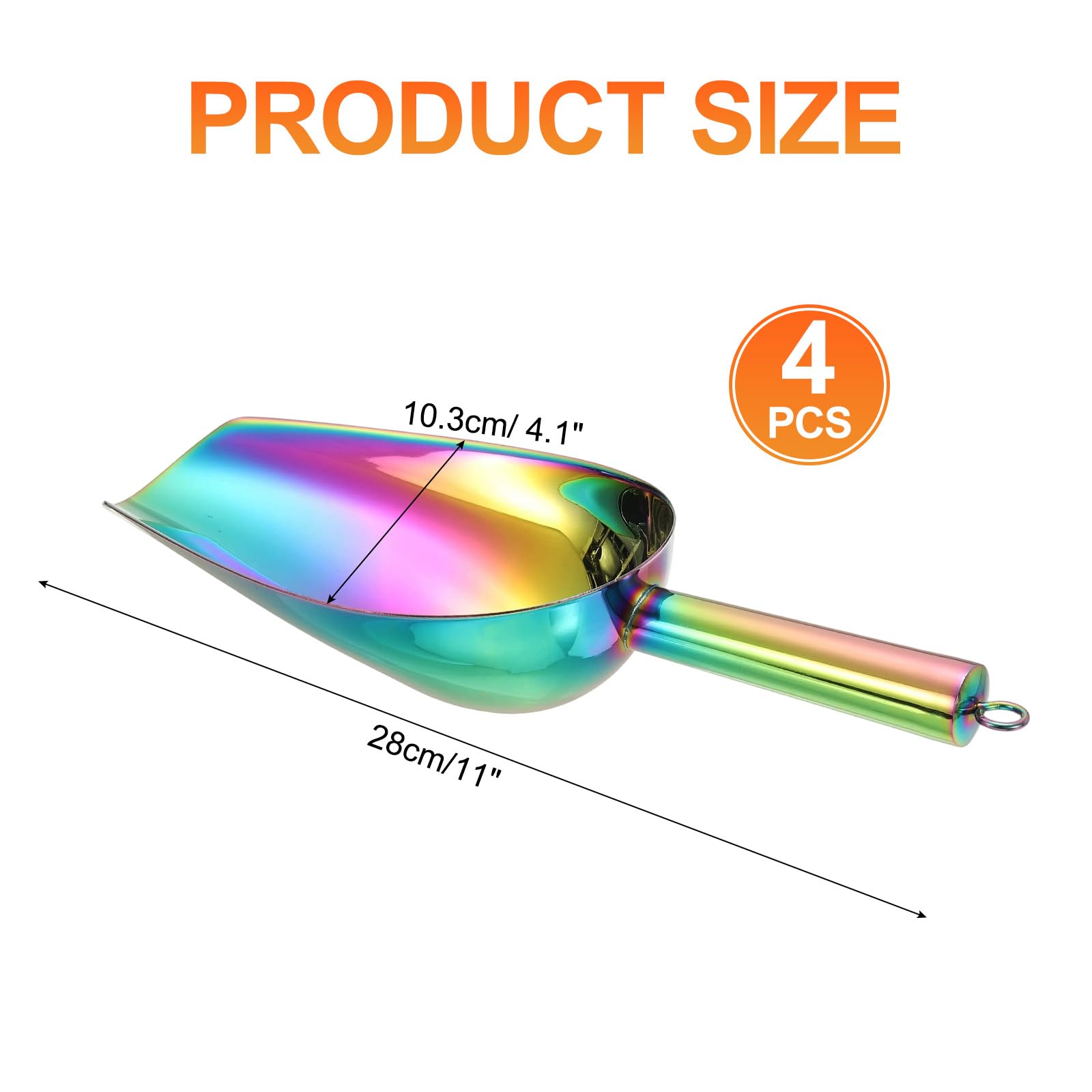QUARKZMAN 4Pcs Pelle à Glace en Métal, 11 Pouces Cuillère à Glace en Acier Inoxydable pour Cuisine Fête Bar Mariage, Arc-En-Ciel