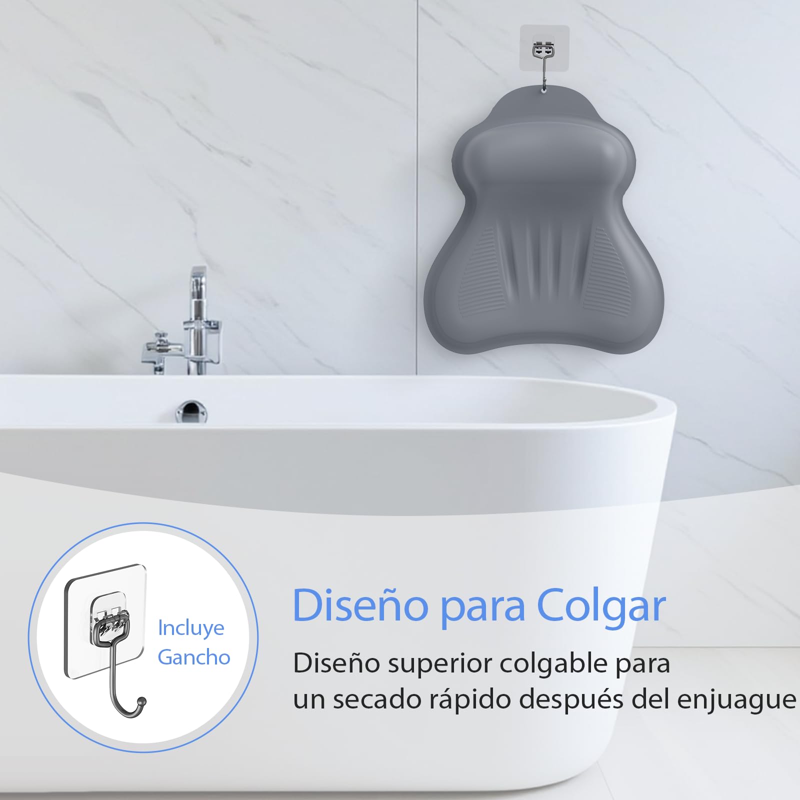 Almohada de Baño de Silicona, Soporte para Cabeza/Cuello/Espalda y Airbag Inflable 4D con Sistema de Presión, Ventosas Antideslizantes Reforzadas, Secado Rápido, Fácil de Almacenar L