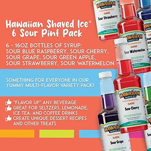 Hawaiian Shaved Ice Syrup Pint 6-pack, Sour Cherry, Sour Grape, Sour Blue Raspberry, Sour Green Apple, Sour Watermelon, & Sour Strawberry for Slushies, Italian Soda, Seltzers, Popsicles, and More