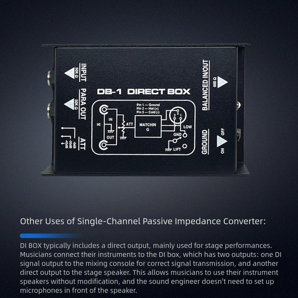 Box DI passivo, Eliminatore di ronzio audio, Splitter stereo DI Box per XLR Single Channel Audio System Altoparlanti Chitarra Basso
