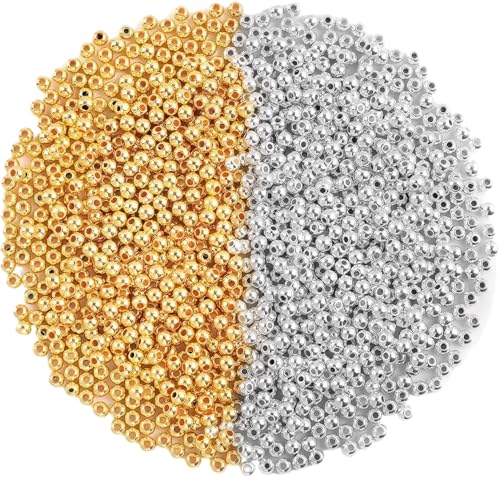Gold Silver Round Beads, 1200 Pcs 4mm Smooth Loose Balls, Long-Lasting, for DIY Craft Bracelet Necklace Jewelry Making Supplies, Small Spacer Seamless Ball