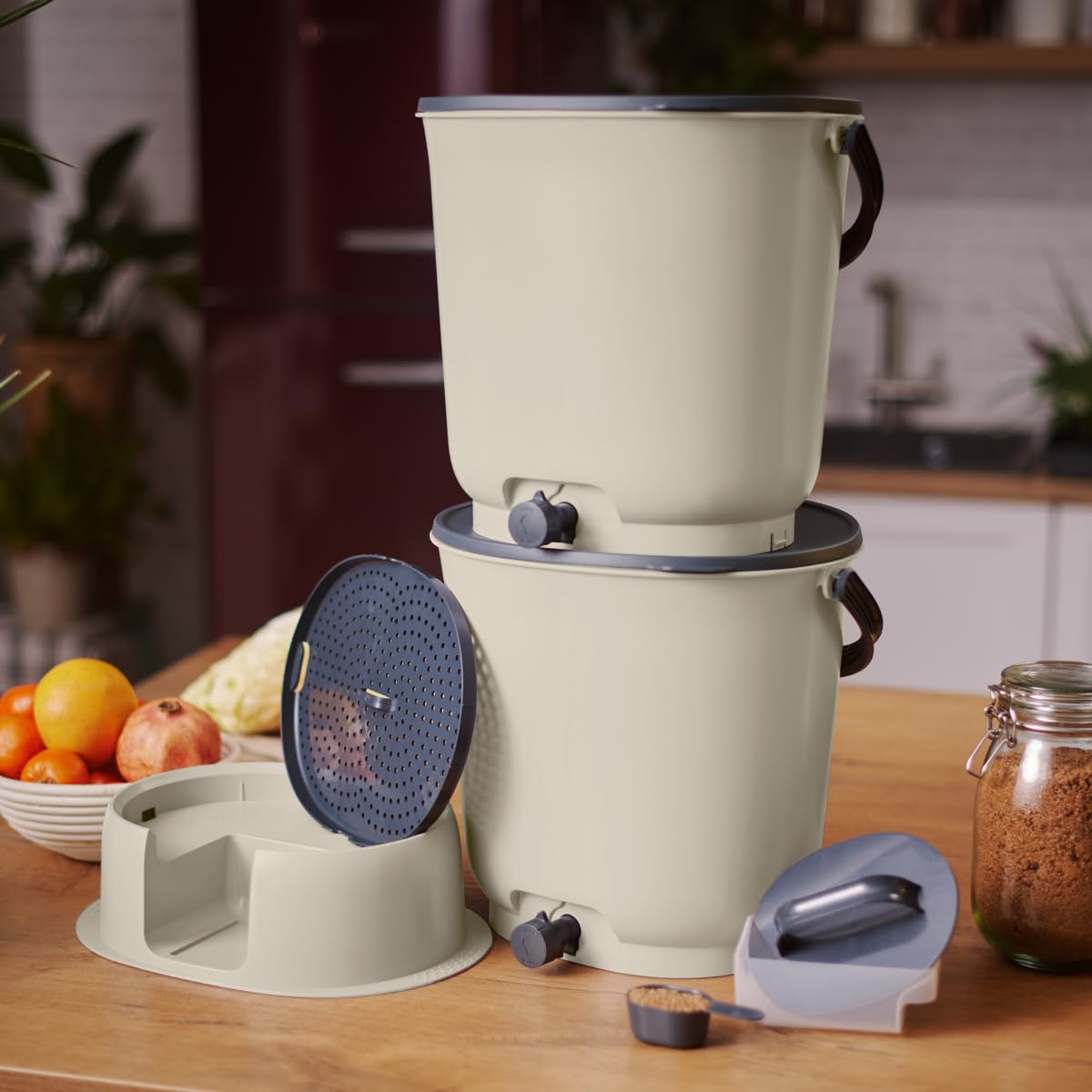 Lote de 2 compostadores Bokashi Essential 15,3 L+1 kg de Brain+1 Base Crema