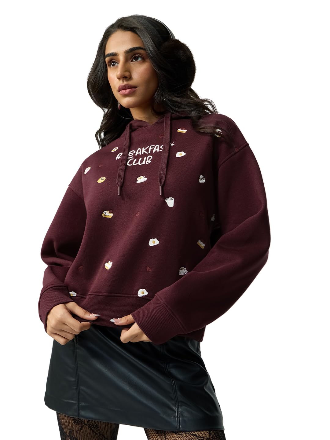 Breakfast Club Women and Girls Long Sleeve Hooded Neck Maroon Embroidered Cotton Blend Oversized Fit Everyday Pullover Hoodie-image-40