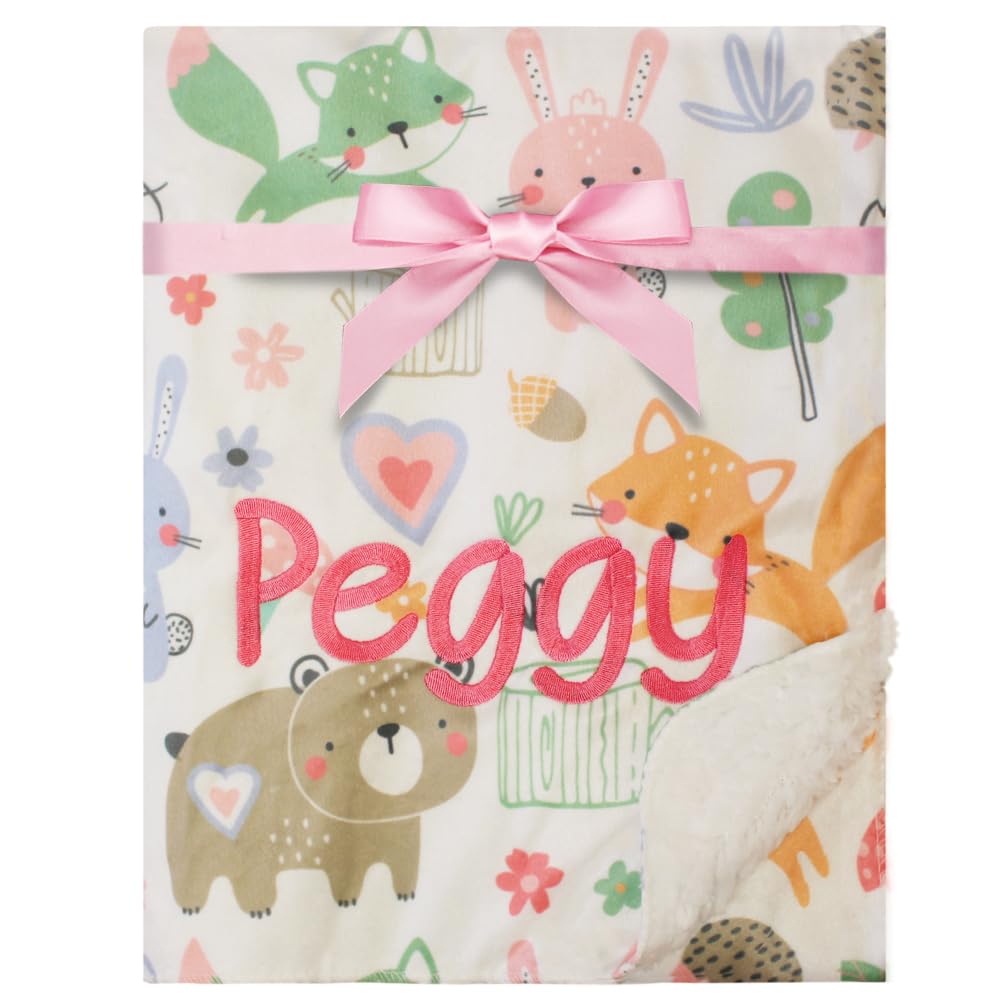 TeddyTs Personalised Woodland Animals Baby Fleece Blanket, Cream, Coral, Yellow, 75cm x 100cm