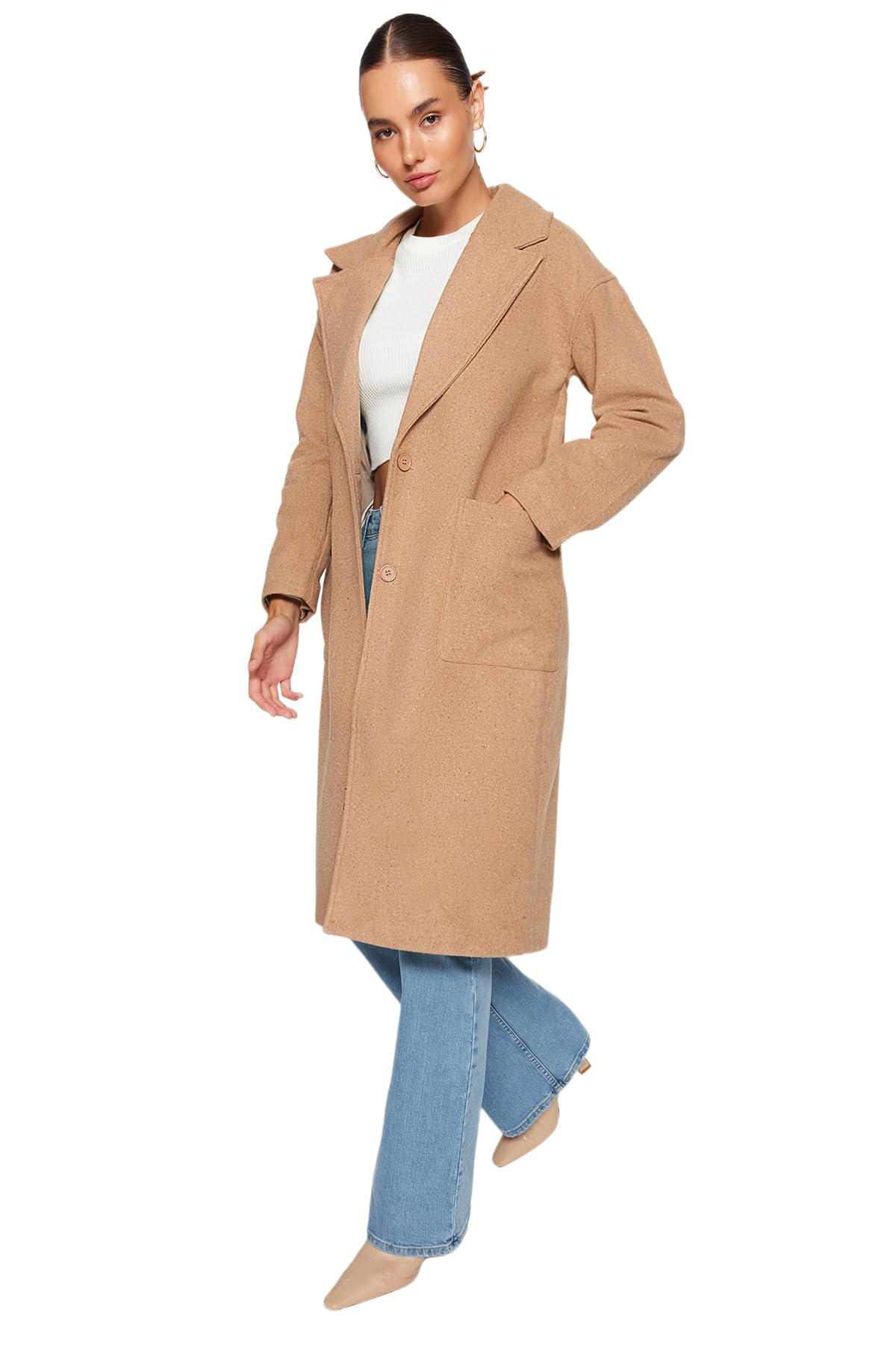 Trendyol Damen Beige Women's Gerade Plus Size Mantel Coat, 44 Grande Taille