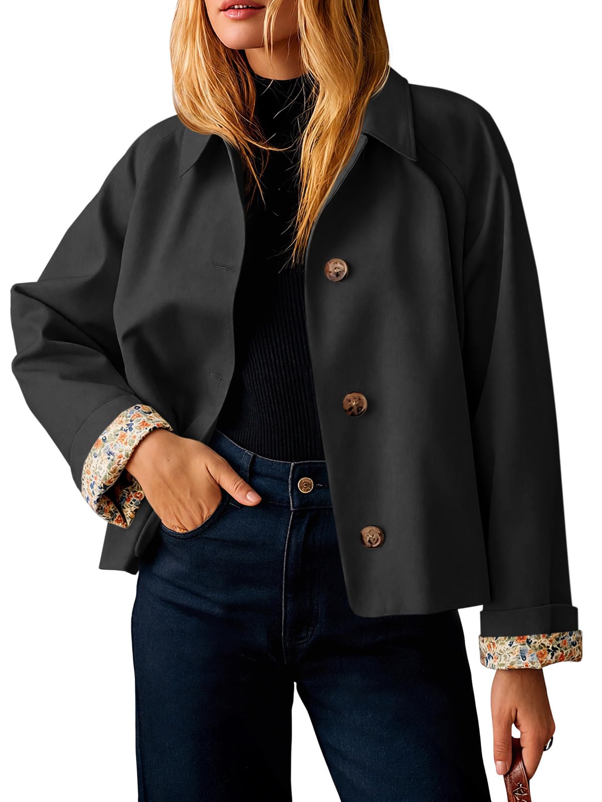 Tankaneo Womens Cropped Trench Coat Lightweight Single Breasted Jackets