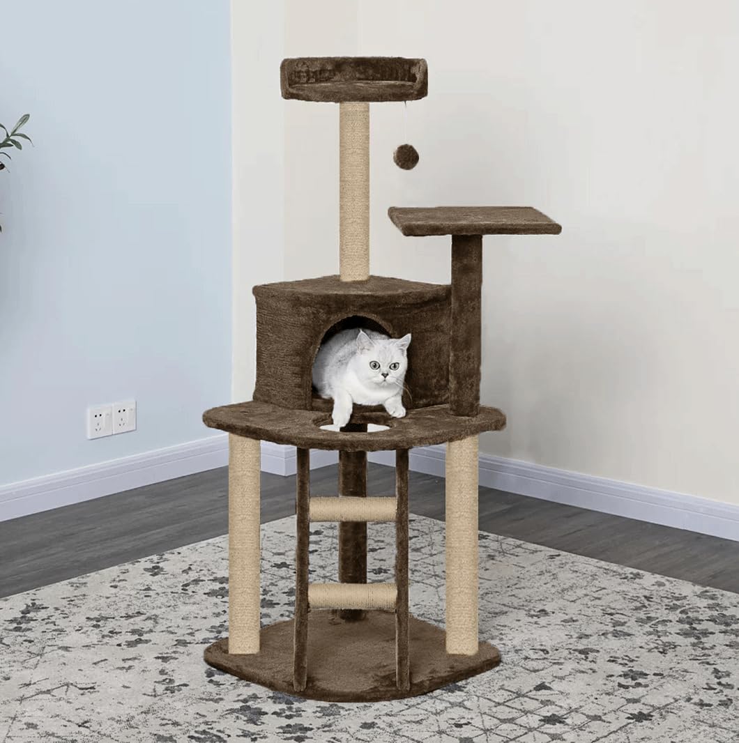 FURRLOVERS Plush Fur Fabric Kitten Cat Tree - Climbing Ladder | Top Perch | Spacious Condo | Furry Ball | Jute Rope Scratching Posts (Brown - FURR-49) (B0D3LD6R18) Amazon Price History, Amazon Price Tracker