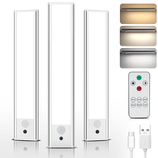 Under Cabinet Lights Motion Sensor LED Light, USB-C Rechargeable Dimmable Wireless Magnetic Stick-Anywhere Night Light for Kitchen, Wardrobe, Closets, Cupboard, 3 Pack