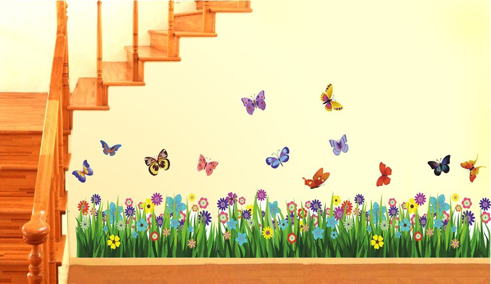 Rangoli 'Walking in The Garden Flower' Wall Sticker | New Modern Art Butterflies Flying Over Grass | Large Reusable Self-Adhesive Sticker (PVC Vinyl, 70 cm x 50 cm), Multicolour