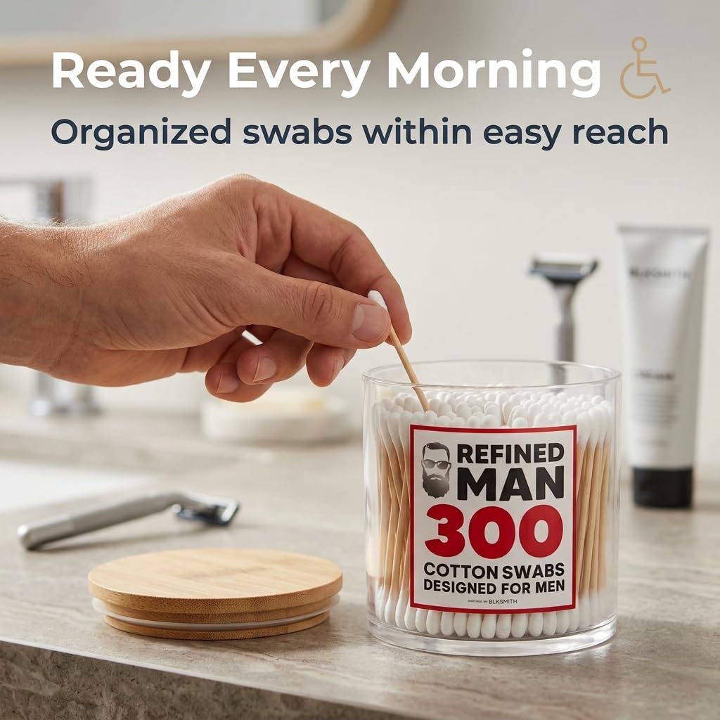 BLKSMITH Refined Man 300 Cotton Swabs for Hygiene with Acrylic Jar Organizer - Premium Cotton Swabs for Ears, Durable Wooden Cotton Swab Storage Solution - Designed for Men