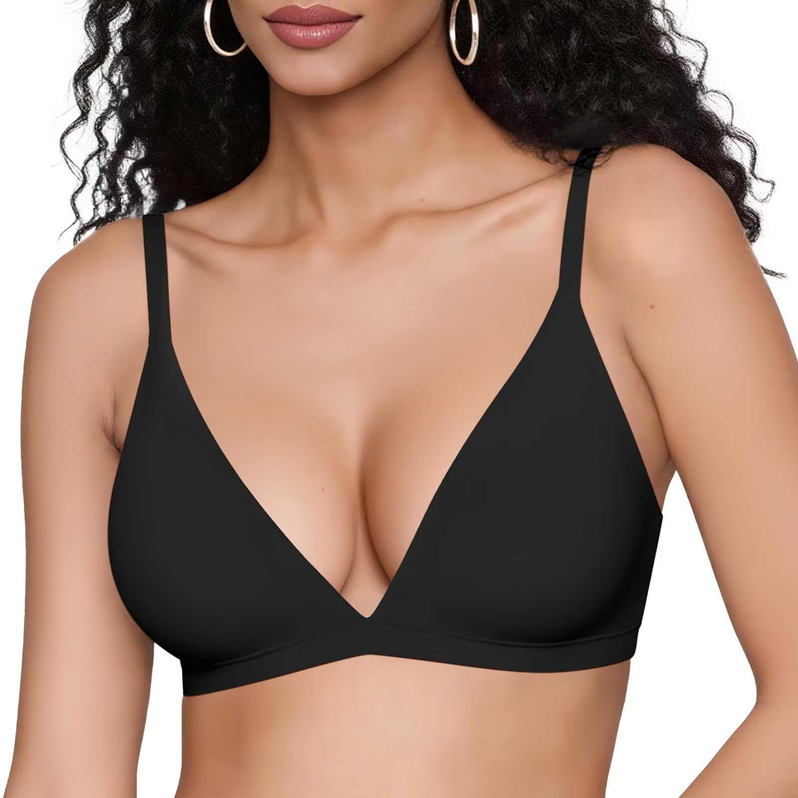 Photo 1 of Vertvie Womens Wireless Triangle Bralette Plunge Unlined Seamless Bras No Underwire Sexy Comfortable Unpadded Everyday Bra(Black,Small)