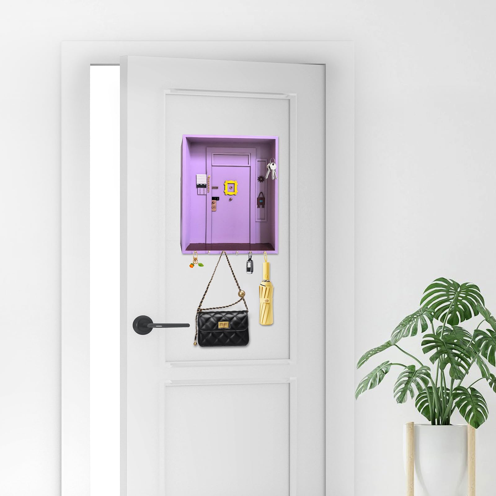 Friends Monica'S Key Hooks, Mobiletto In Legno Porta Chiavi Da Muro Per Casa Amici Ganci Chiave Di Monica Con Contenitore E 6 Ganci Per Gli Amanti Delle Serie TV Per Bagno Soggiorno (Viola)