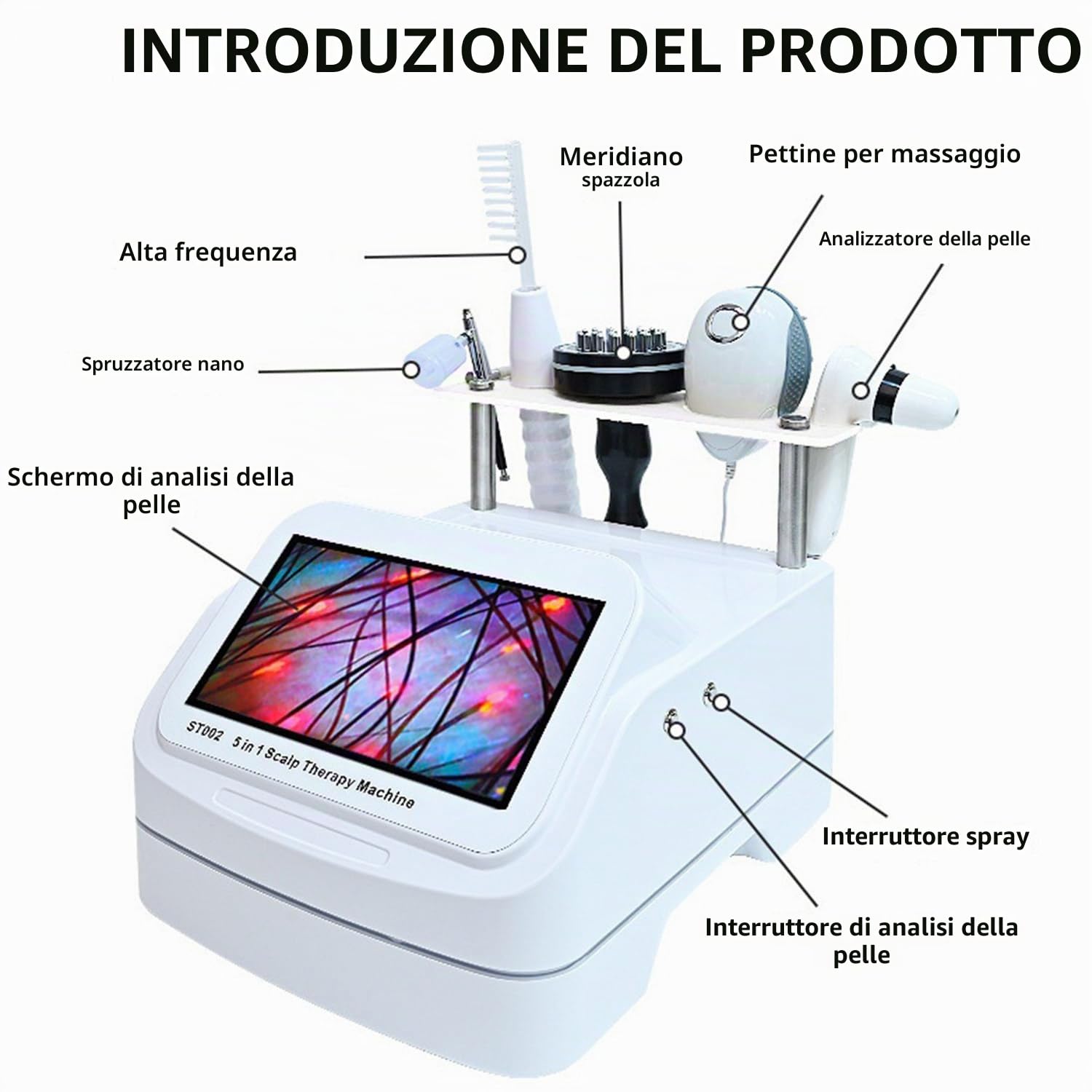 Qiang 5 in 1 Attrezzatura per Massaggio Cuoio Capelluto Analizzatore Pelle E Capelli,Macchina per Analisi Rilevatore Follicolo Pilifero per Analizzare I Problemi Cuoio Capelluto