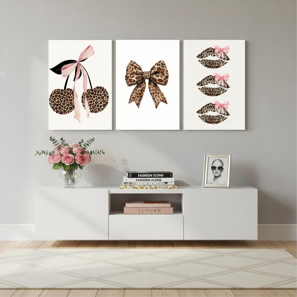 3Pcs Trendy Leopard Print Canvas Wall Art,Fashion Bow Cherry Lips Y2k Poster Pictures,Stylish Preppy Aesthetics Girls' Rooms Wall Decor for Bedroom Dorm Apartment.12x16in Framed