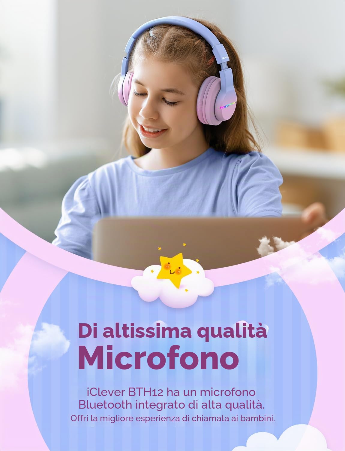 iClever Bluetooth Cuffie per Bambini, 74/85/94dB, 40 ore, Microfono Integrato per Scuola/Tablet/PC