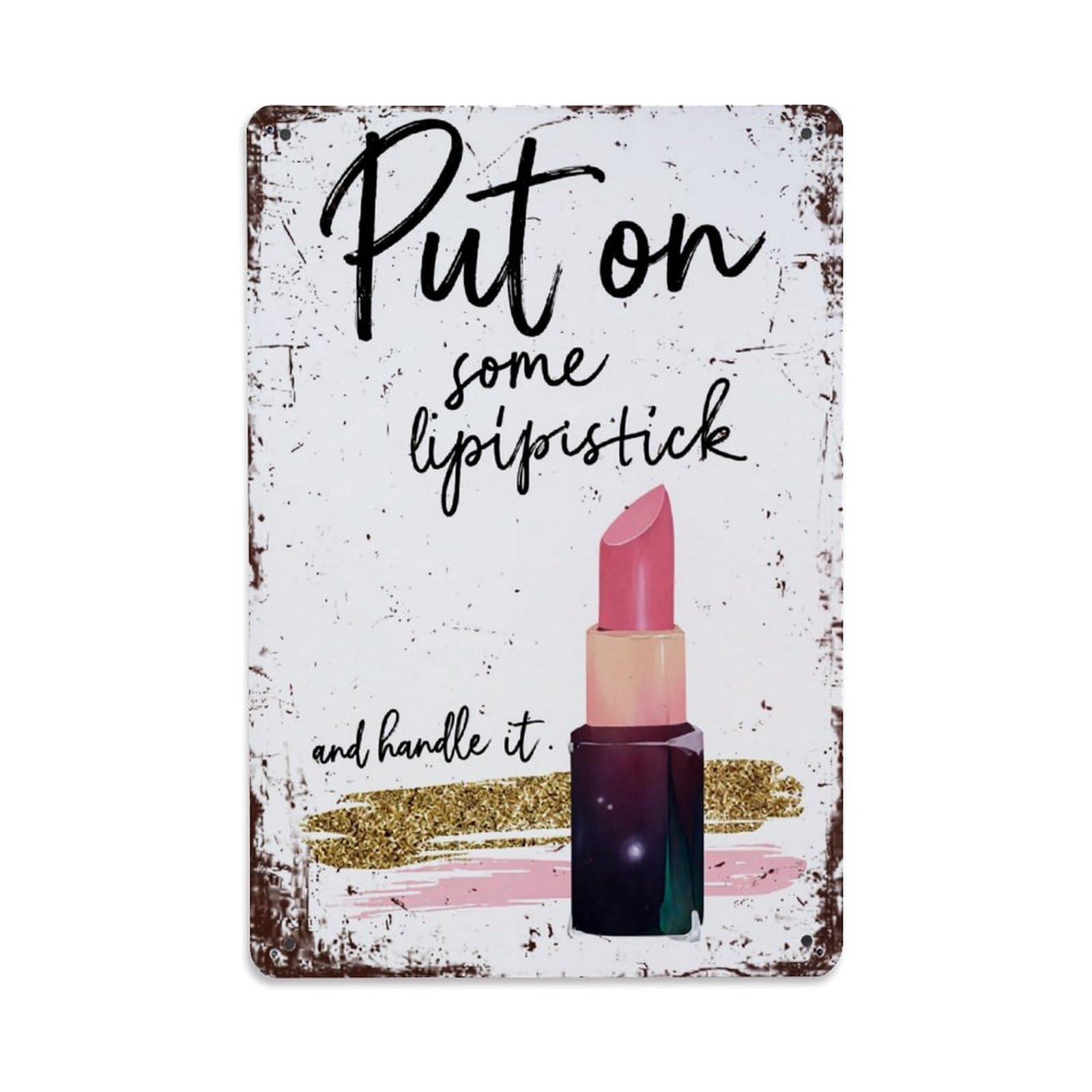 Pink Lipstick With Gold Glitter Background Retro Metal Tin Sign, Vintage Decor Art Poster for Bar, Home, Man Cave, Kitchen, Laundry Room Gift 8x12Inch