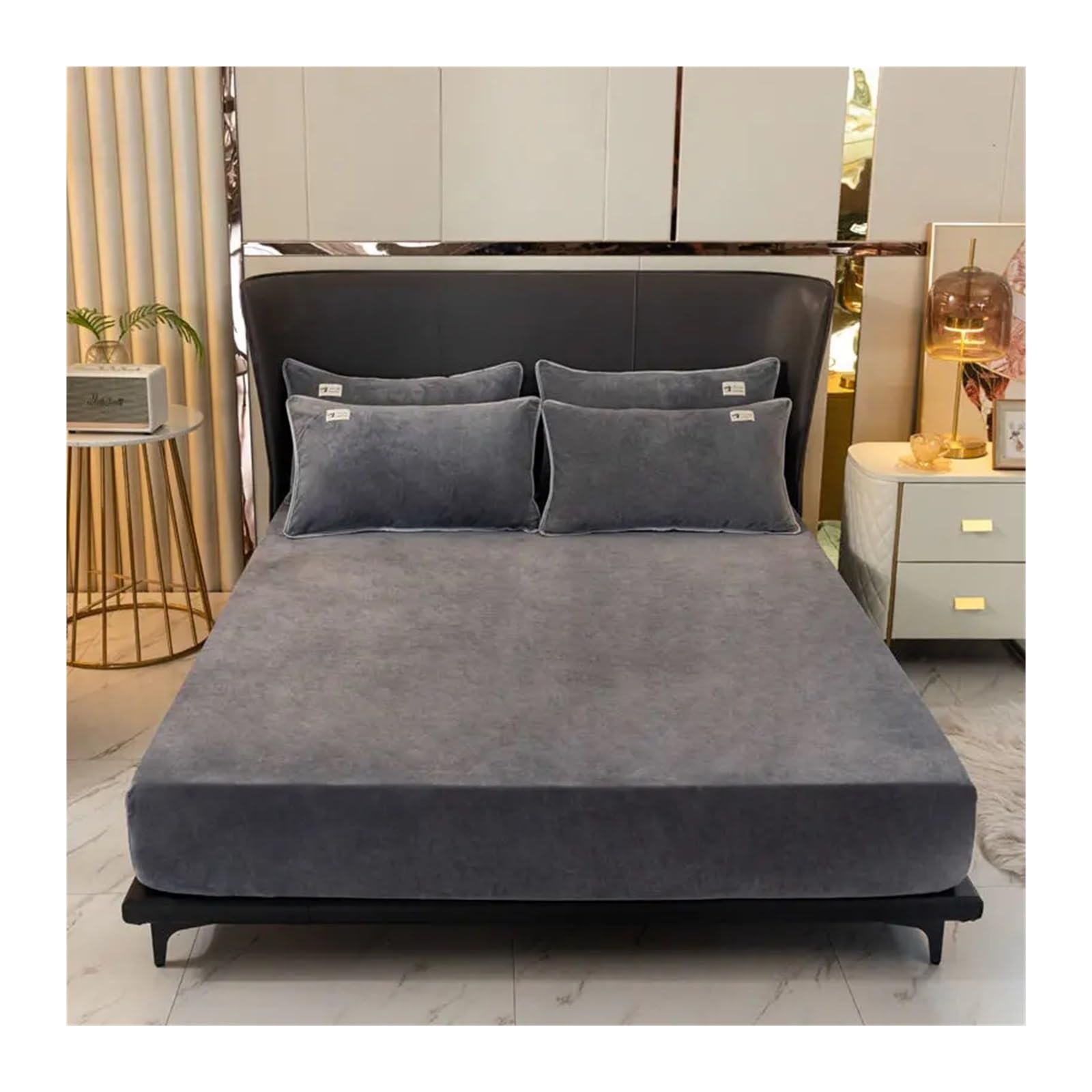Spannbettlaken Weiches Samt-Spannbetttuch mit elastischen Bändern, rutschfeste, verstellbare Matratzenbezüge for Einzel-, Doppel-, King-Size- und Queen-Size-Betten 160 x 200 cm(Darkgrey,2 Pillowcases)
