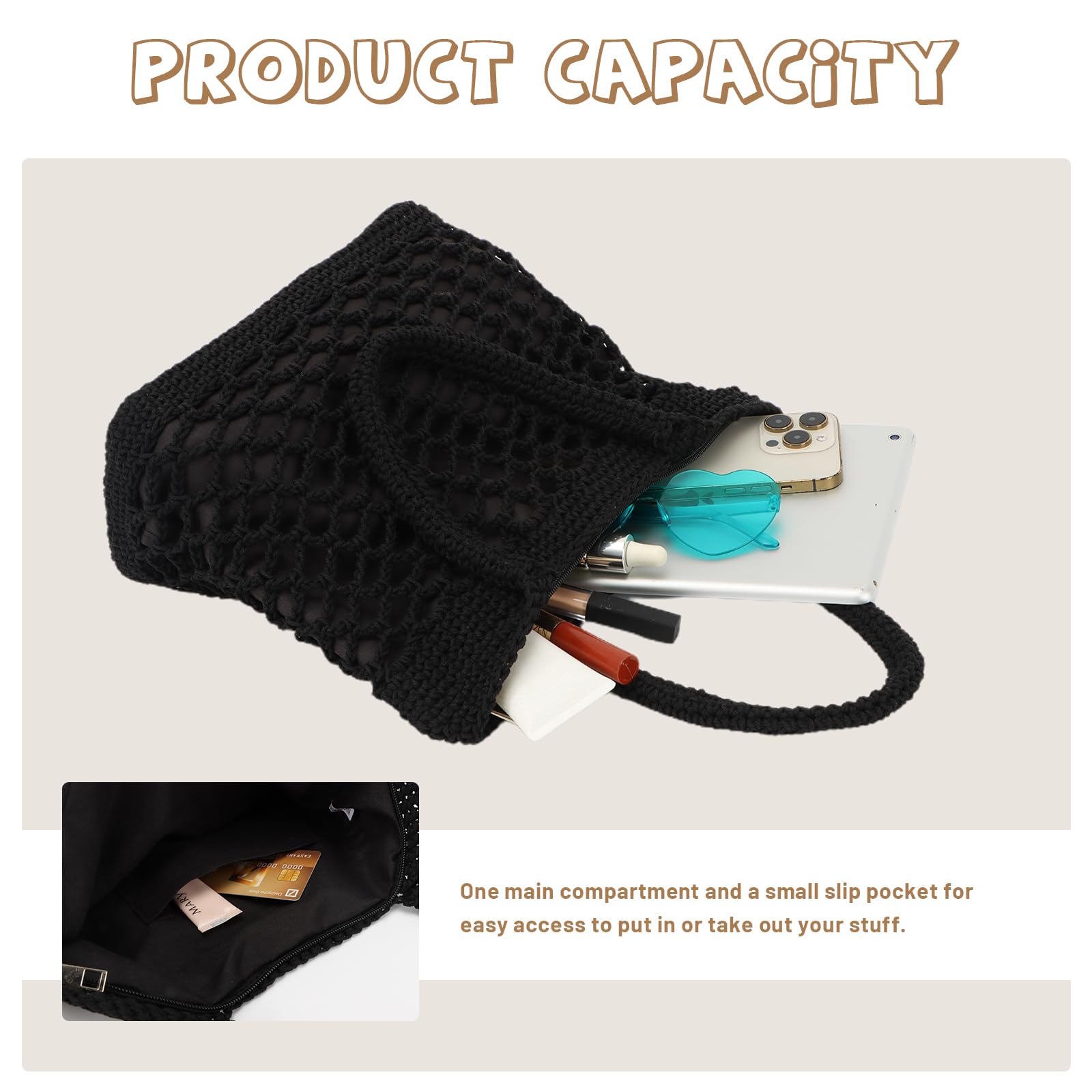 Borsa a Tracolla Grande in Maglia di Cotone all'uncinetto da Donna Borsa a Tracolla in Maglia Borsa a Rete da Viaggio Borsa a Rete con Manico Superiore,Nero