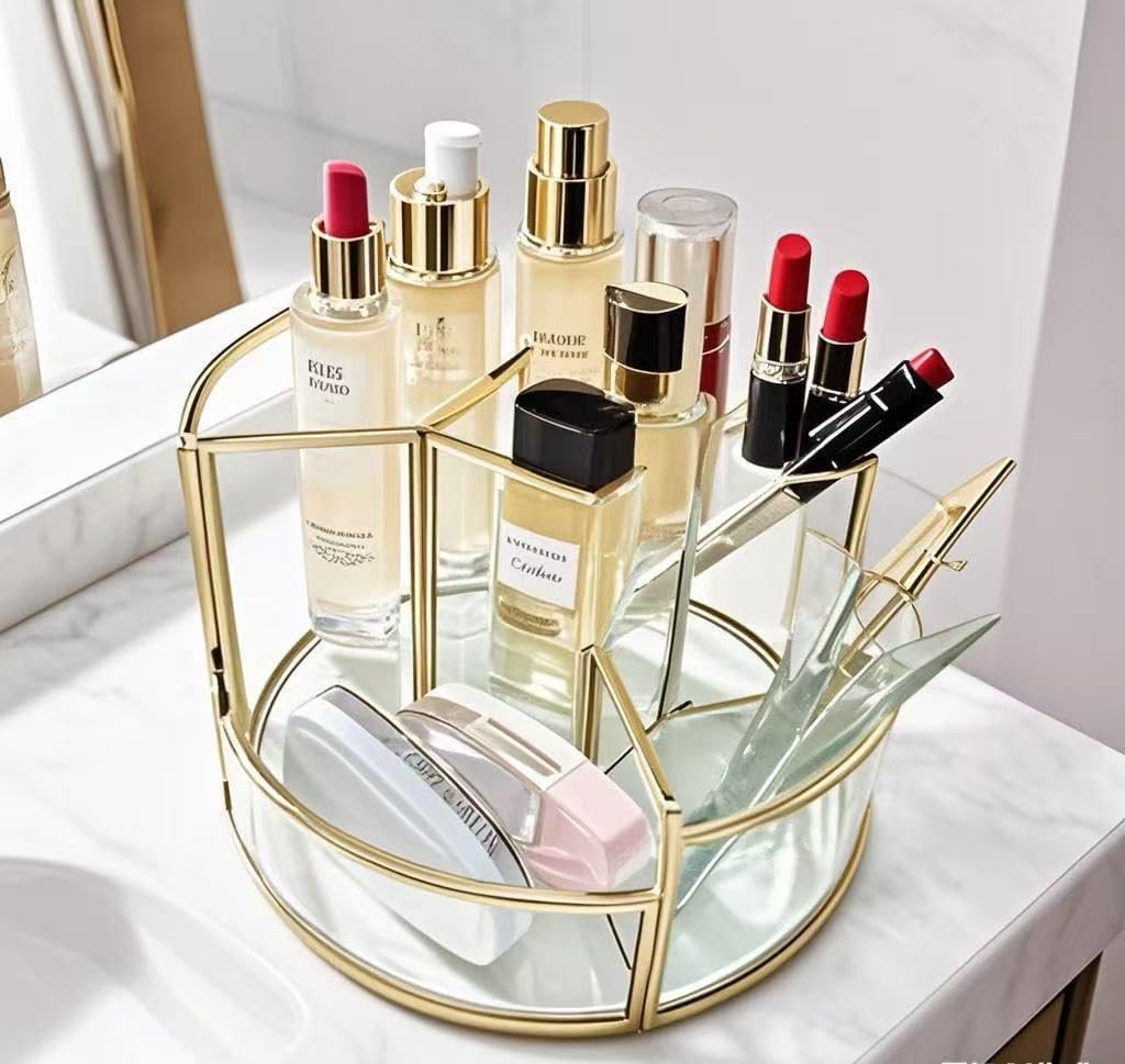 360° Rotate Makeup Brush Holder, Makeup Organizers Countertop, Perfume Tray, Bathroom Organizer and Storage for Eyeliner,Lipstick, Lazy Susan Organizer for Vanity Cabinet Dresser Bathroom (Gold)