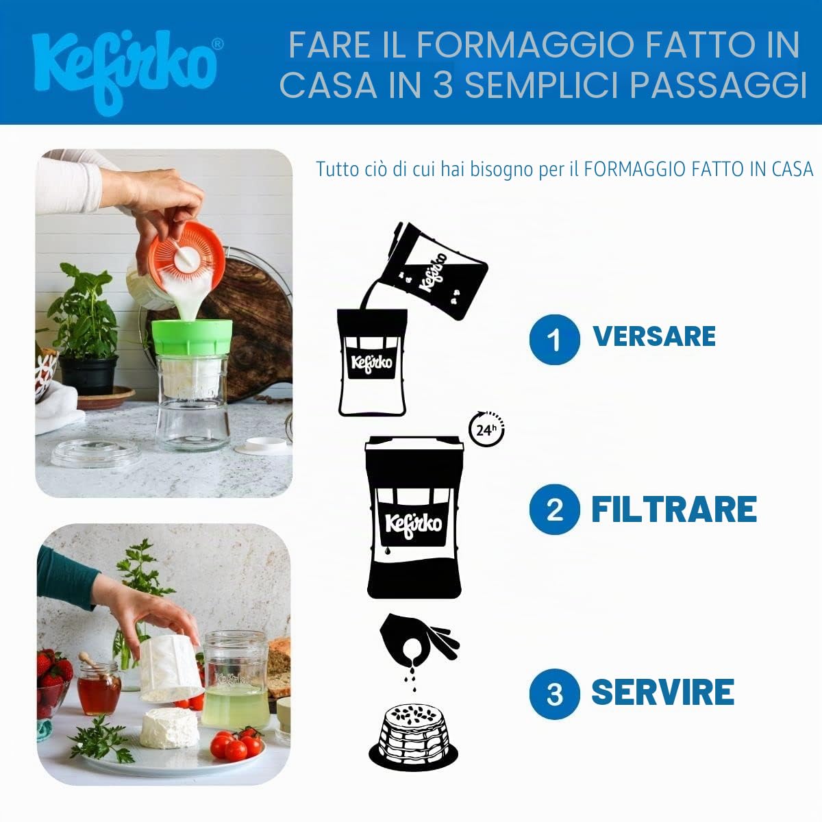 Kefirko Cheese Maker 1,4l - Set per Preparare Il Formaggio Di Kefir In Casa - verde
