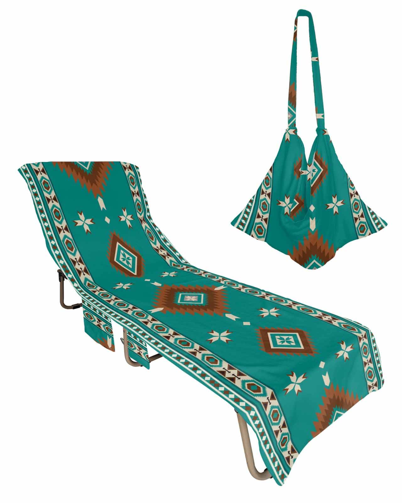 Turquoise Southwestern Beach Chair Cover with Side Pockets, Microfiber & Quick Dry Pool Chaise Lounge Chair Towels Covers for Sun Sunbathing Patio Garden Hotel, Vintage Tribal Ethnic Boho Farmhouse