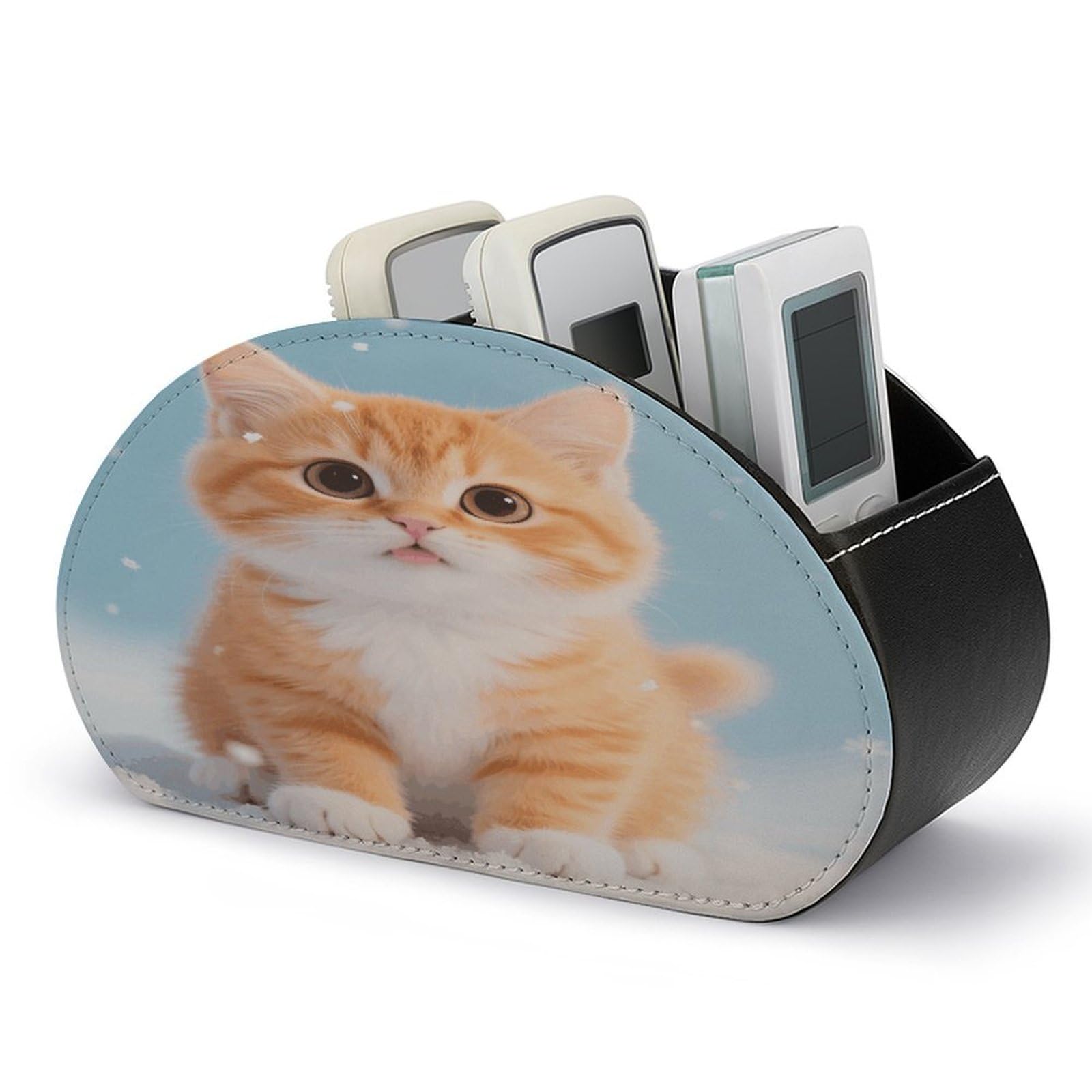VstaDank Kawaii Cat Remote Control Holder PU Leather Multifunctional Office Organizer Makeup Brush Holder Desktop Storage with 5 Compartments