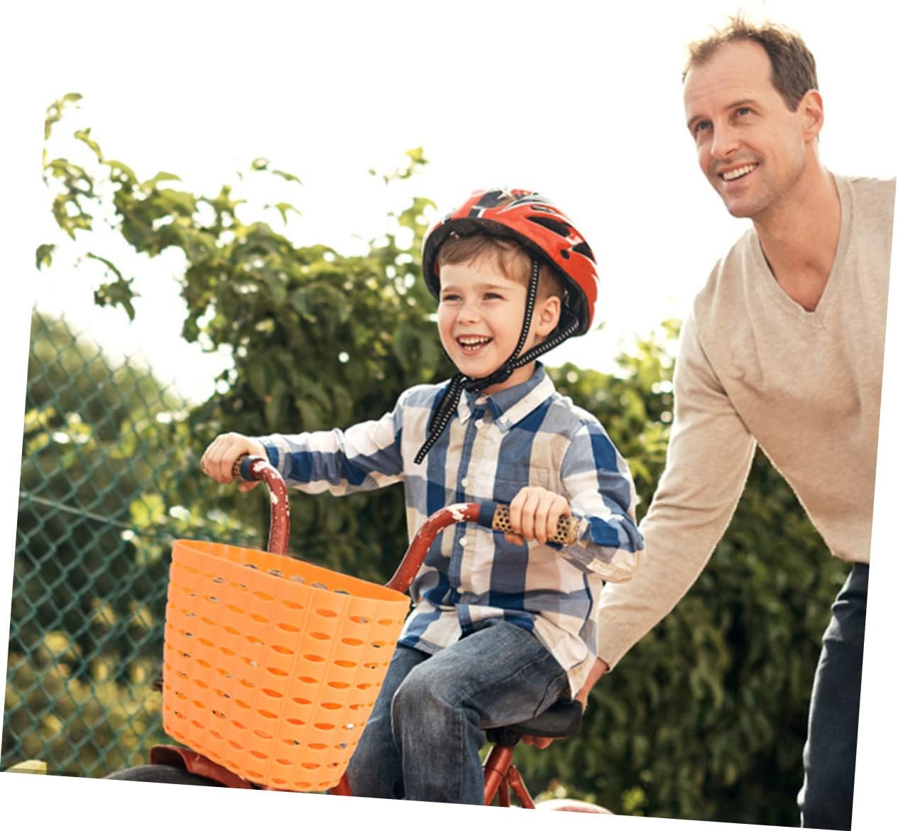 SUPVOX Kids Bike Basket Front Orange Plastic Bicycle Basket with Resin Pendant for Toddler Bikes and Scooters Easy Installation 8.07X5.90X3.93In