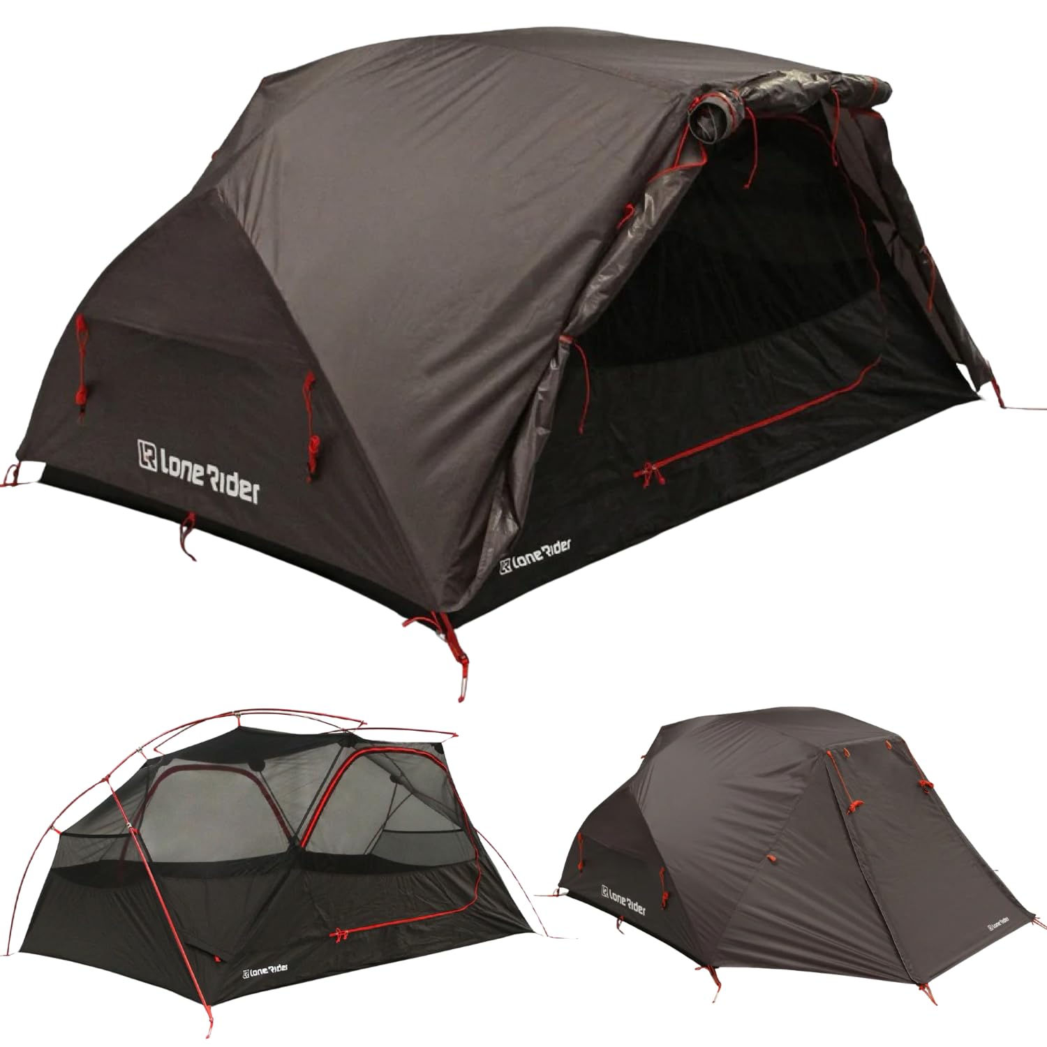 Lone Rider Tenda a Cupola per 2 Persone - Riparo Leggero e Impermeabile per Campeggio, Trekking e Hiking - Struttura Monopezzo con Ventilazione in Rete - Include Sacca, Picchetti e Kit Veranda
