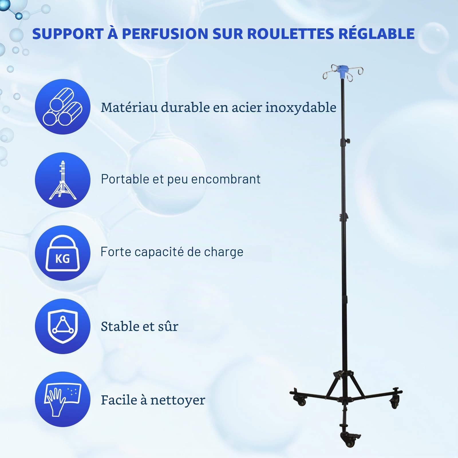Support de Perfusion,Support de Perche Intraveineuse Pliable,avec 4 Crochets,3 Roulettes,Sac en Filet,Perfusion Réglable Hauteur,pour Hôpital et Maison, Acier Inoxydable